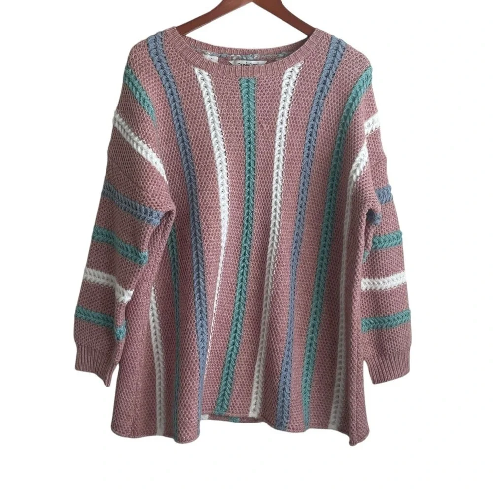 Davi & Dani Women Cozy Tunic Sweater Large Rose Striped Chunky Knit Boutique‎